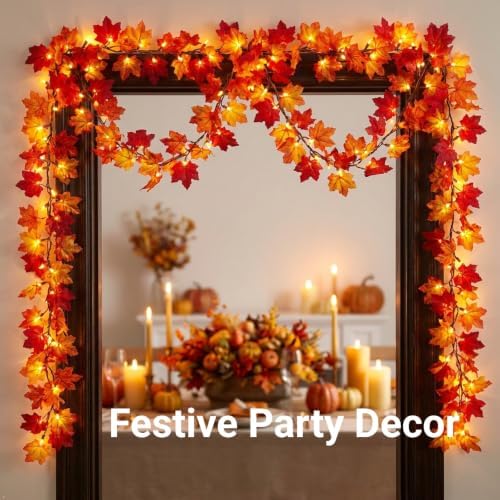 Brillarlights Autumn Garland Fall Decorations for Home, 11FT Fall Decor Lighted Garland with Lights, 50 Lighted Fall Leaf Garland Plug in, Connectable Fall Garland for Mantle Stairs Decor - Image 2