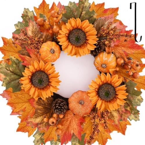 24 Inch Fall Wreaths for Front Door, Autumn Wreath with Hanger by Nisoger