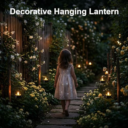 Edenseelake Solar Hanging Lanterns Outdoor Waterproof, Metal Ball Candle Holder with Flickering Solar Powered, Chargeable Solar Lights for Backyard Patio Garden Fence Tree Decoration, 4 Pack - Image 6