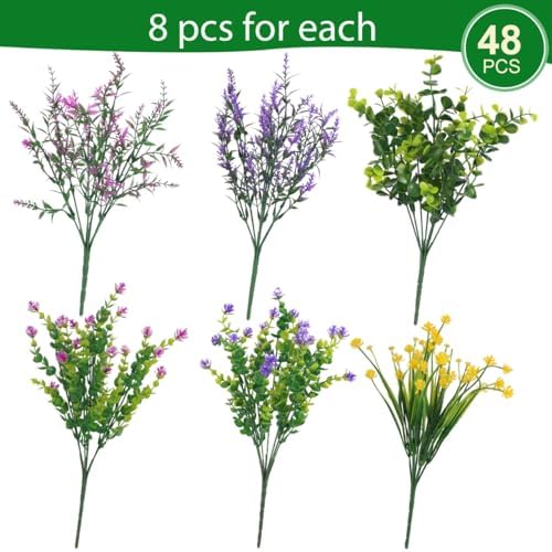 Hananona 48 Pcs Artificial Flowers Outdoor, Faux Artificial Plants UV Resistant Plastic Flower Bulk for Hanging Planter Porch Window Home Spring Summer Decor (48, Fuchsia, Purple, Yellow, Green) - Image 2