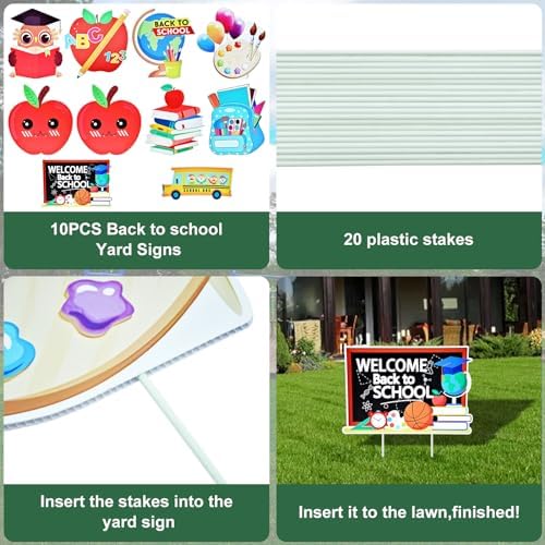 10-Piece Set Back to School Yard Signs with Stakes, Assorted Apple, Owl, and School Bus Designs for Outdoor Garden and Lawn Decoration, 11.7 x 11.8 Inches Plastic Signs for Welcome School Party Favor - Image 3