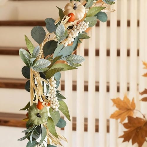 2Pcs Fall Garland with Lights Fall Decorations for Home 6Ft, Autumn Fake Pumpkin Berry Maple Leaves Garland for Mantle Halloween Harvest Thanksgiving Fireplace Party, Fall Decor Outdoor Indoor Porch - Image 5