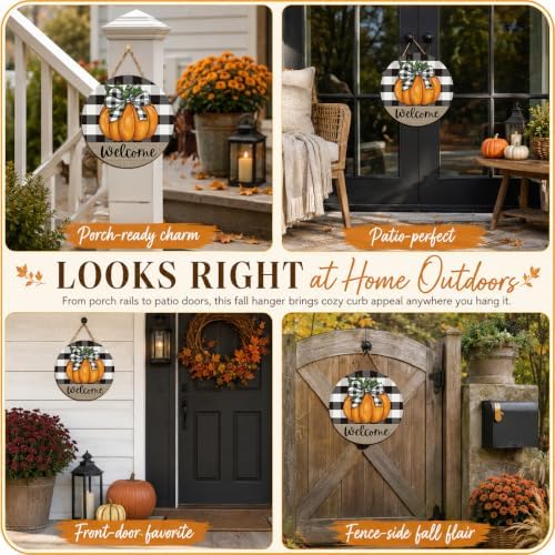 Fall Door Decor Wooden Pumpkin Welcome Sign, Buffalo Plaid Door Hanger - Image 5