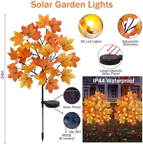 TORONTOKYO 4 Pack Fall Solar Outdoor Lights, Fall Decor 80 LED Maple Leaves Solar Stake Light with 8 Modes, Waterproof Fall Garden Lights Thanksgiving Decorations for Autumn Yard Pathway Outside - Image 2