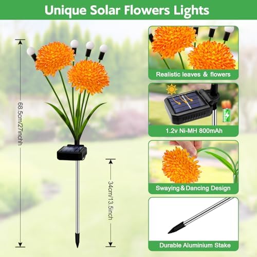 Solar Firefly Lights Outdoor Waterproof, 4 Pack Solar Flowers Swaying Lights with Flowers, Flower Light Garden Decor for Outside Yard Patio Halloween Christmas, Gifts for Women Grandma - Image 2