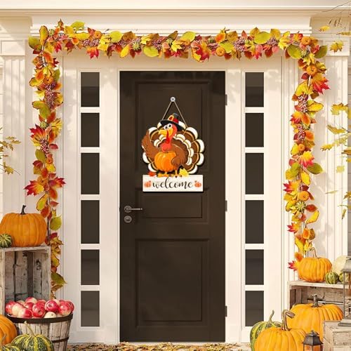 Thanksgiving Turkey Door Sign Decorations, Fall Welcome Wooden Hanging Sign, Give Thanks Wood Vintage Pumpkin Rustic Autumn Harvest Wall Plaque Wreath Hanger Decor for Home Yard Porch - Image 3