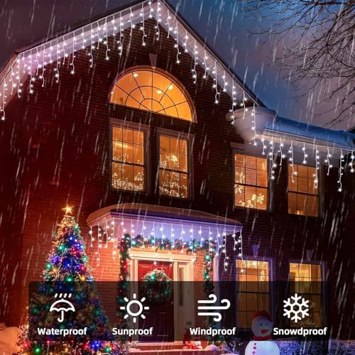 Christmas Outdoor Icicle Lights - 480 LED 66+33 FT 8 Modes Curtain Fairy String Light Plug in, Waterproof for Eaves Yard Holiday Xmas Holiday Indoor Outdoor Decoration - White - Image 3