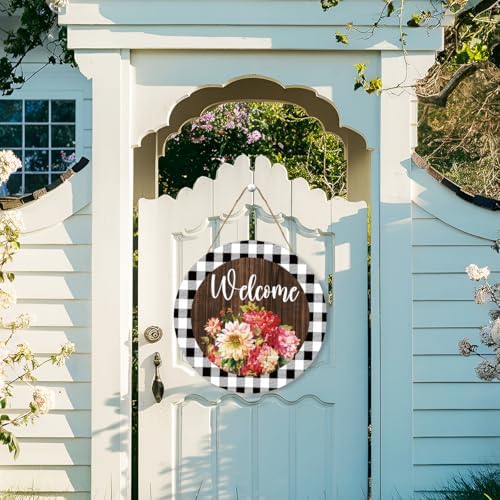 Welcome Spring Sign for Front Door,Red Geranium Wooden Sign Indoor Wall Hanging Decor,Spring Floral Round Wood Hanging Decoration for Home Front Door Porch - Image 3