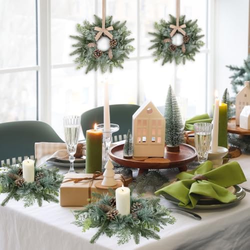4 PCS Christmas Mini Cabinet Wreaths for Kitchen with Burlap Ribbon Norfolk Snowy Pine Needles Garland Pinecones Artificial Cedar Wreaths for Xmas Front Door Window Home Table Pillar Chair Wall Decor - Image 5