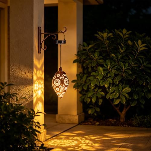 Solar Teardrop Hanging Lantern, Metal, Bronze, Solar Powered, Moroccan Floral Cutout, Outdoor Garden Decor (Copper) - Image 6