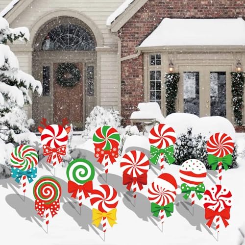 12-Piece Christmas Lollipop Yard Signs with Stakes Decorations – Assorted Candy Cane Peppermint Designs 14 Inches Large Outdoor Holiday Candy Signs for Garden, Lawn, Driveway, and Christmas Party Favor - Image 6