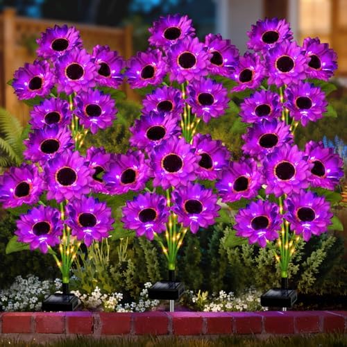 Solar Sunflower Lights Outdoor Garden Decor, 6 Pack Solar Purple Flowers Lights with 18 Sunflowers, Waterproof Fall Decor Stake Decorative Light Auto ON/Off for Garden Yard Patio, Gift for Women by stadeco