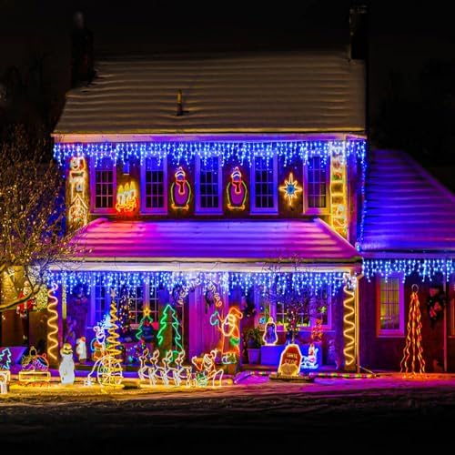 132ft Icicle Lights for Outside, 1280 LED Blue Christmas Lights Outdoor with 240 Twinkle Drops, 8 Modes Plug in Waterproof Timer Memory for Tree Wedding Party House Patio Eave Yard Holiday Decoration - Image 2