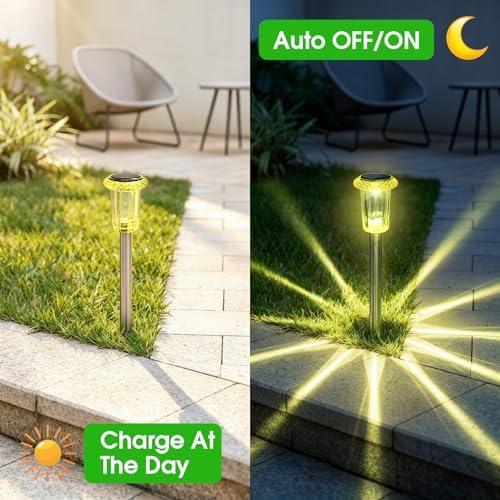 Eyrosa Solar Outdoor Lights Starburst Pattern, 10 Pack High-Visibility Lemon Yellow Housing, Waterproof Stainless Steel Solar Stake Lights for Pathway Garden Yard Walkway Driveway Lawn Outside Decor - Image 4