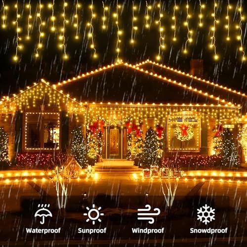 Christmas Outdoor Icicle Lights - 200 LED 21+16 FT 8 Modes Curtain Fairy String Light Plug in, Waterproof for Eaves Yard Holiday Xmas Holiday Indoor Outdoor Decoration - Warm White - Image 3