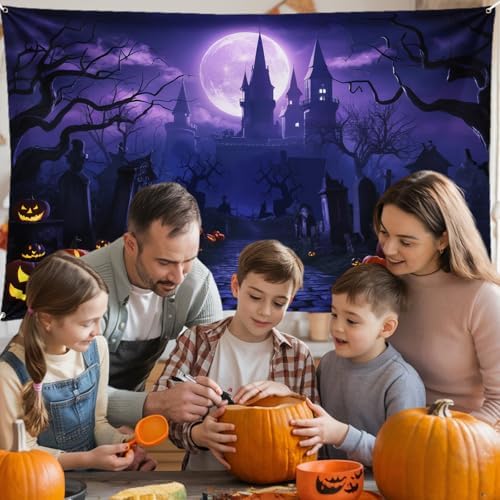 Happy Halloween Castle Banner, Large Fabric Purple Halloween Backdrop Poster for Horrible Party Indoor/Outdoor Wall Decor - Image 4