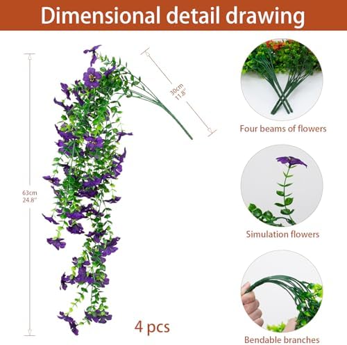 LikSoor 4 Pcs Artificial Outdoor Hanging Plants Spring Summer Decoration UV Resistant Faux Silk Flowers for Outside, Garden, Porch, Window, Home Decor (Purple+) - Image 2