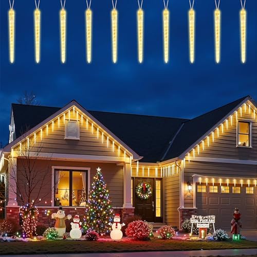Brightown Christmas Meteor Shower Icicle Lights Outdoor, 2 Pack Total 40ft with 40 Large Tube 960 LED Dropping Effect, Waterproof Decorations for House Eave Roofline, Warm White by Brightown