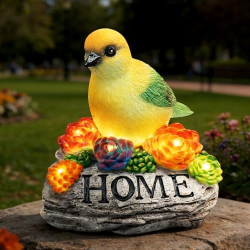DECOUE Solar Garden Statue with Bird“Home”Sign,Outdoor Decor with Warm LED by DECOUE