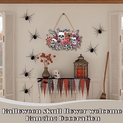 Huwena Halloween Wreaths for Front Door Sign Wooden Skull Rose Door Hanger Decoration Horror Skeleton Welcome Front Wreath Sign for Halloween Indoor Outdoor Decorations Party Supplies - Image 3