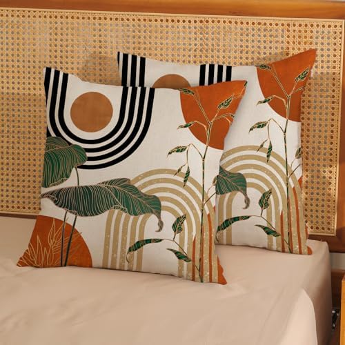 Boho Orange Pillow Covers 20x20 Set of 2 Gold Green Leaf Tropical Mid Century Throw Pillows Outdoor Bohemian Abstract Modern Decorative Pillowcase Farmhouse Cushion Case for Couch Sofa Decor - Image 3