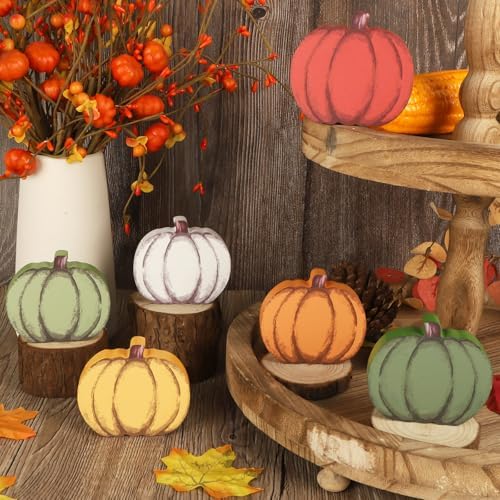 COCHIE Wooden Fall Pumpkins Decorations for Home Office Indoor, Farmhouse Thanksgiving Table Tiered Tray Decor Set of 6, Vintage Fall Harvest Pumpkin Block Signs Tabletop Shelf Decoration (Pumpkin) - Image 4
