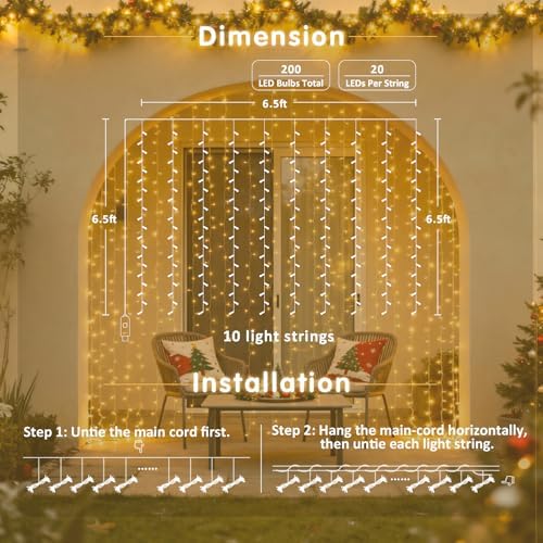 JMEXSUSS USB Plug in Curtain Lights 200 LED with 8 Modes, 6.5ftx6.5ft - Image 4