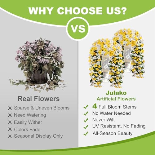 Artificial Hanging Flowers for Outdoors, 4 PCS 544 Blooms UV Resistant Morning Glory Faux Silk Vines, No-Odor Realistic Fake Plants for Garden Planter Porch Patio Decoration, Yellow White - Image 3