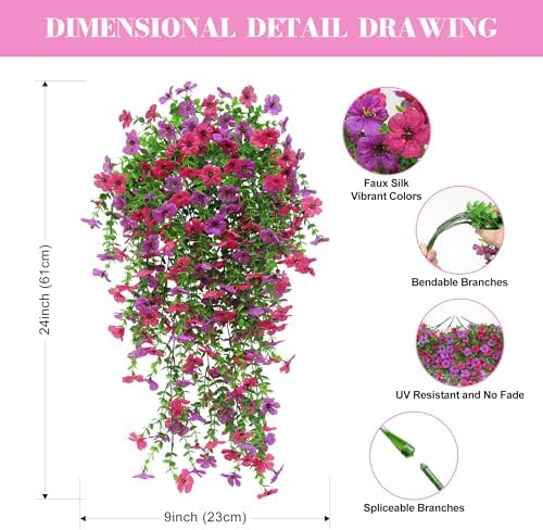 Artificial Fake Hanging Flowers Plant for Outdoors Spring Summer Home Decor Faux Silk Daisy with Eucalyptus 4 Pcs Realistic UV Resistant Indoor Outside Garden Porch Patio Balcony Yard(Purple Fuchsia) - Image 4