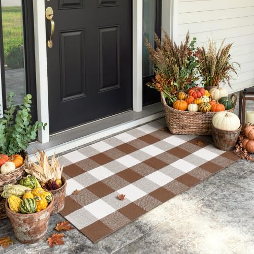 Uphome Bufflo Plaid Outdoor Rug 2'x4.3', Fall Decor Checkered Front Door Mat, Indoor Outdoor Farmhouse Cotton Porch Rug for Layered Door Mats, Washable Brown Carpet Runner for Patio Entryway by Uphome