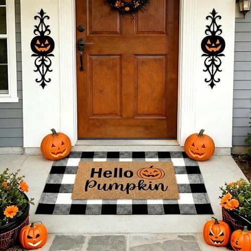 Fall Decor Halloween Layered Front Doormat Set, Hello Natural Coco Coir Door Mat + 28"x43" Black White Buffalo Plaid Rug, Non-Slip Porch Rug Outdoor Entryway Decor for Front Porch, Patio - Image 4