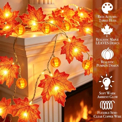 3 Pack Fall Garland with Pumpkin Lights Enlarged Maple Leaves 30Ft 60LED - Image 5