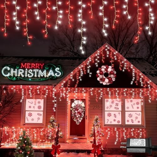 YEGUO 33ft 400 LED Red and White Icicle Lights Outdoor Waterproof, 80 Drops Icicle String Lights Connectable, 8 Modes Icicle Christmas Lights with Memory by YEGUO