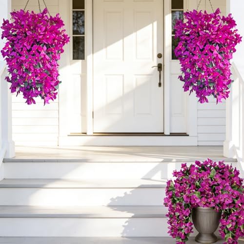 Artificial Fake Hanging Plants Flowers Basket Bougainvillea for Summer Outdoor Outside Decoration, Faux Silk Flowers UV Resistant Realistic Porch Home Patio Balcony Yard Outdoors Decor by Fycooler
