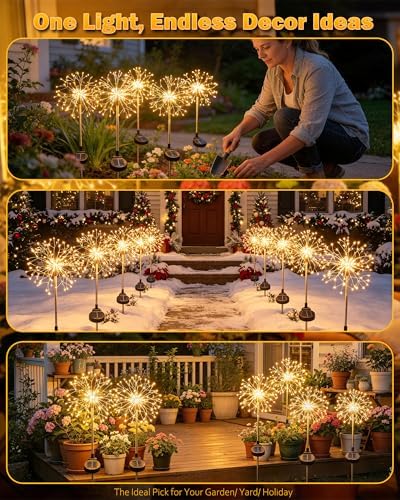 Solar Garden Lights Outdoor Yard Decorations, 2 Pack 150Leds Pathway Lights Stake, Fairy Firework Light for Garden, Patio, Pathway, Flowerbed Gold Color - Image 3