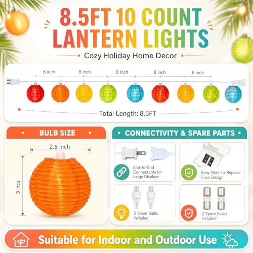 8.5Ft Multicolor Lantern String Lights, Summer Hanging String Lights with 10 Colorful Lanterns, Nylon Lights for Indoor Outdoor Party Decor, White Wire - Image 2