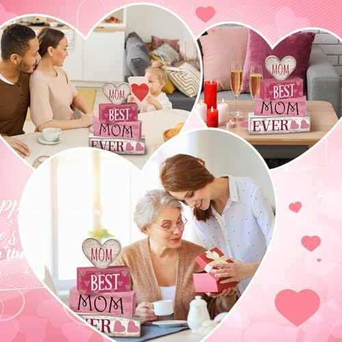 Yuntau 4 Pcs Mothers Day Table Decorations Best Mom Ever Wooden Blocks Sign - Image 4