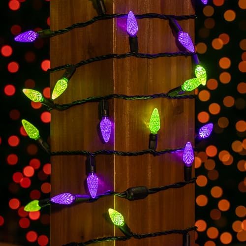 Novelty Lights 70 LED C6 Outdoor Halloween String Lights, Purple & Lime - Image 3