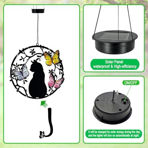 Hanging Cat Solar Lights Outdoor Garden,Black Cat & Butterfly Garden Decor - Image 6