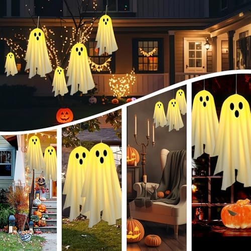 2PACKS Solar Hanging Ghost Lights for Halloween Decorations Outdoor,Light up Spooky Ghosts with Warm Yellow LED Lights,Halloween Floating Light for Yard,Porch,Creepy Party Decor - Image 5