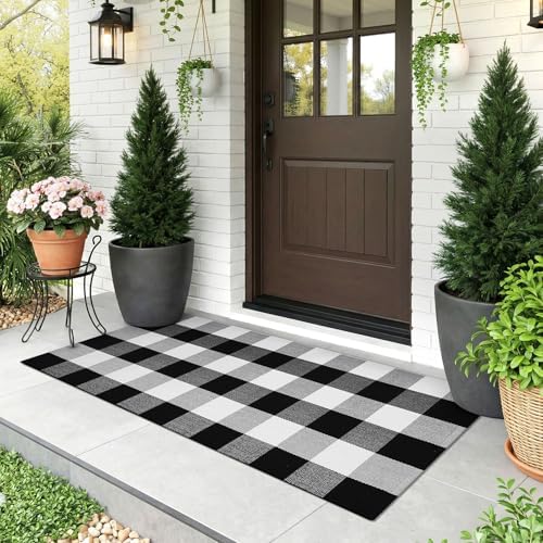 KOZYFLY Buffalo Plaid Rugs 2x4.3 Ft Black and White Rug Front Door Mat by KOZYFLY