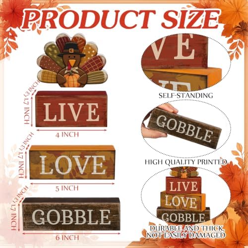 Lineshading 4 Pcs Thanksgiving Wooden Block Signs Turkey Tiered Tray Decor - Image 3