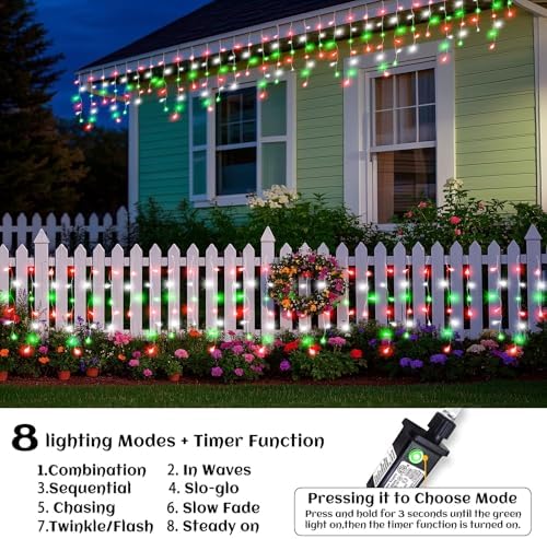 33ft Icicle Lights for Outside, Red White and Green Christmas Lights Outdoor Indoor, 400 LED Twinkle String Light with 75 Drops, Clear Wire Connectable Timer for Thanksgiving Room Home Wall Bedroom - Image 2