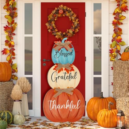 Whaline Fall Porch Decoration Blue Orange Stacked Pumpkins Wooden Standing Decor Harvest Outdoor Sign for Home Farmhouse Autumn Thanksgiving Welcome Sign - Image 4