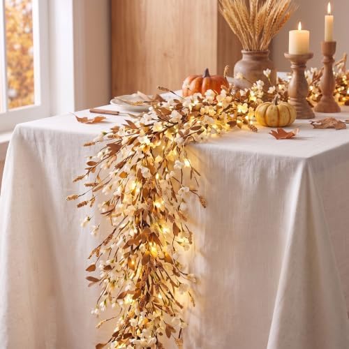 6 ft Fall Garland for Mantel, Pre-lit Autumn Garland with Lights - Image 4