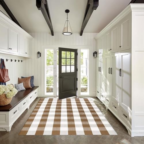 Buffalo Plaid Outdoor Rugs, 4' x 6' Brown and White Checkered Indoor/Outdoor Area Rug, Layering Rug for Hello/Welcome Door Mat, Washable Cotton Woven Farmhouse Mat for Fall Front Porch Décor - Image 5
