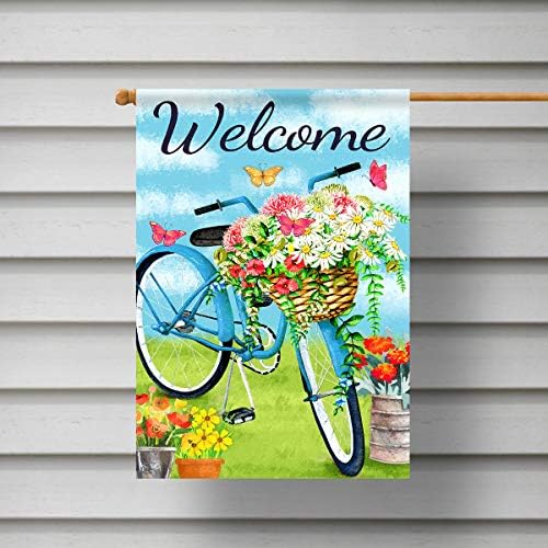 Texupday Welcome Blue Bicycle Flower Blooms Butterfly Decoration Spring House Flag Outdoor Yard Flag 28" x 40" - Image 5