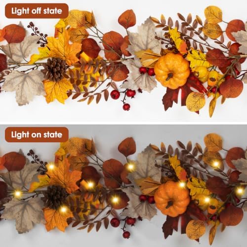 6FT Fall Garland with Lights Pumpkins Pinecones for Mantle, Table, Porch - Image 4