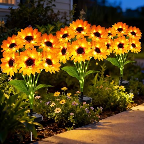 Solar Sunflower Lights Outdoor Garden Decor, 3 Pack with 18 Sunflowers,8 Lighting Modes, Birthday Gifts for Mom Women, Outdoor Decorative Stakes Light for Landscape Yard Patio Lawn by BomKra
