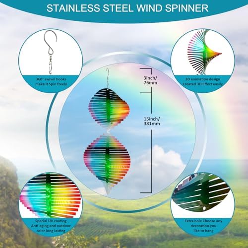 Aoedelyart Wind Spinner Rainbow Wave Wind Spinners for Yard and Garden,15in Hanging Kinetic Yard Art Wind Sculpture,3D Wind Spinners Outdoor & Indoor Rainbow Helix Garden Decor Christmas Ornaments - Image 2